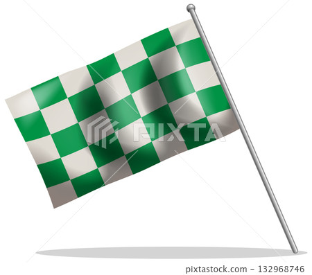 Green and White Checkered Racing Flag on Silver Pole 132968746