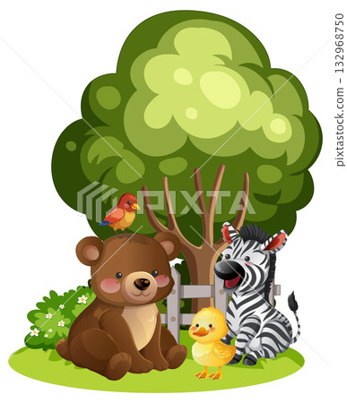 Cute Bear, Zebra, Duckling, and Birds in Forest Scene Cute Bear, Zebra, Duckling, and Birds in Forest Scene 132968750