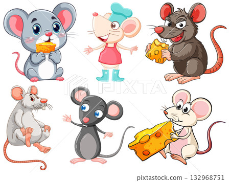Cartoon Mice Characters with Cheese in Various Poses Cartoon Mice Characters with Cheese in Various Poses 132968751