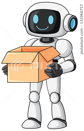 Smiling Robot Holding Cardboard Box in Vector Style Smiling Robot Holding Cardboard Box in Vector Style 132968757