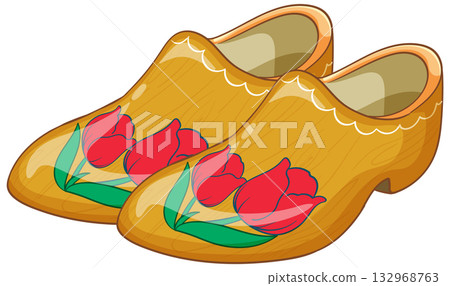 Traditional Dutch Wooden Clogs with Red Tulip Decoration Traditional Dutch Wooden Clogs with Red Tulip Decoration 132968763