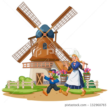 Dutch Children Carrying Flowers Near Traditional Windmill 132968765