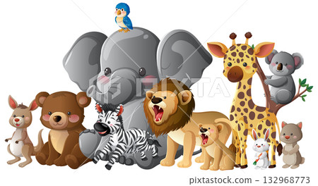 Group of Cute Cartoon Safari and Jungle Animals Illustration 132968773