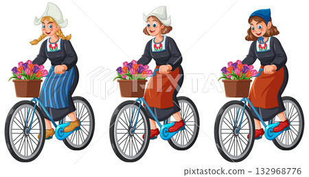 Women in Traditional Dutch Dress Riding Bicycles with Flowers 132968776