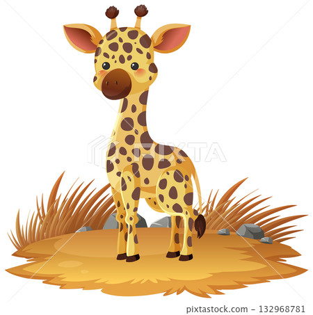 Cute Baby Giraffe Standing on Dry Grassland 132968781