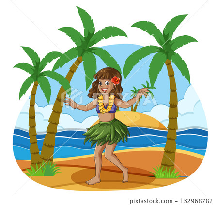 Hula Dancer with Surfboard on Tropical Beach Hula Dancer with Surfboard on Tropical Beach 132968782