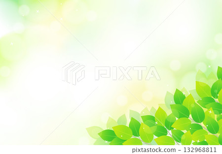 右下角是新鮮的綠葉和清爽閃亮的背景插畫。 右下角是新鮮的綠葉和清爽閃亮的背景插畫。 132968811