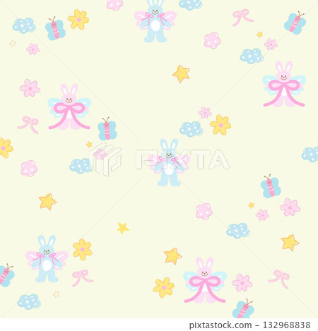 Illustration of bunny, butterfly, pink ribbon, flowers, stars on pastel background for wallpaper, backdrop, floral print, rabbit pattern, clothes, gift wrap, packaging, fabric, cute textile, easter Illustration of bunny, butterfly, pink ribbon, flowers, stars on pastel background for wallpaper, backdrop, floral print, rabbit pattern, clothes, gift wrap, packaging, fabric, cute textile, easter 132968838