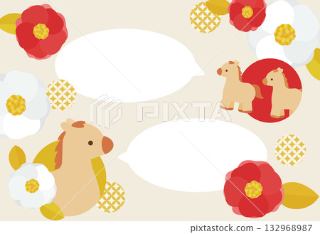 Gorgeous and cute camellia and horse New Year's card speech bubble 132968987