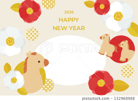 A gorgeous and cute New Year's card with camellia and horse design (with text) 132968988