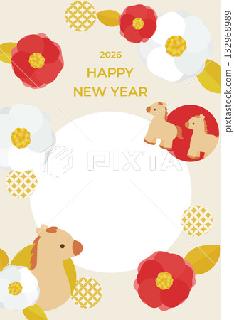 A gorgeous and cute New Year's card with camellia and horse design (with text) A gorgeous and cute New Year's card with camellia and horse design (with text) 132968989