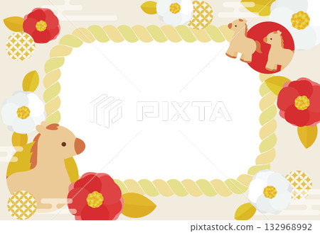 精美可愛的山茶花和駿馬新年賀卡，配上註連繩邊框 132968992