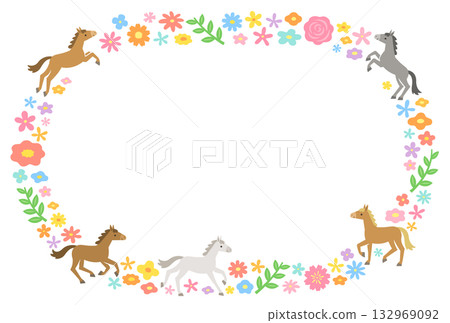 Horse and colorful floral oval frame 132969092