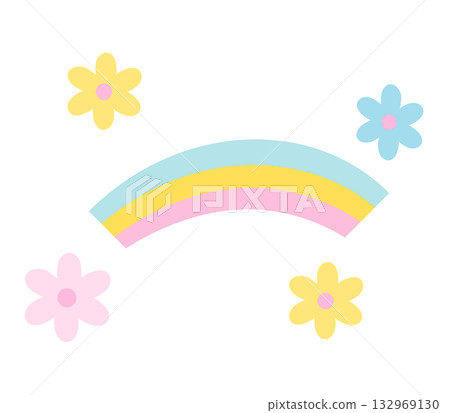 Illustration of pastel rainbow and flowers for skies and clouds, spring and summer vibe, picnic, park, stickers, floral print, cute icon, decorations, blossom, blooming, shirt print, cute patch, pin 132969130