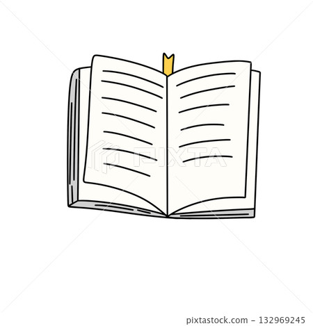 A book is open to a page with a bookmark A book is open to a page with a bookmark 132969245