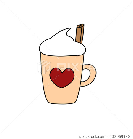 A cartoon cup with a heart on it and a cinnamon stick in it 132969380