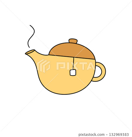 A cartoon drawing of a teapot with a tea bag inside 132969383