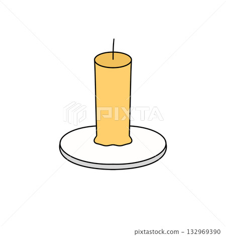 A yellow candle is sitting on a white plate 132969390