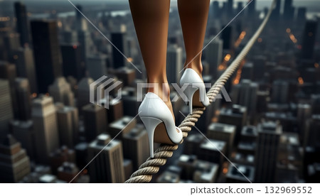 Woman balancing on tightrope high above city 132969552