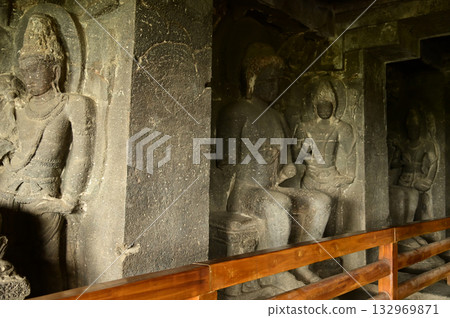 The religious sites and art at the Elora Caves,a UNESCO World Heritage Site,are one of the world's largest collections of rock-cut temples, dating back to 600-1000 AD. Located at Aurangabud in India. 132969871