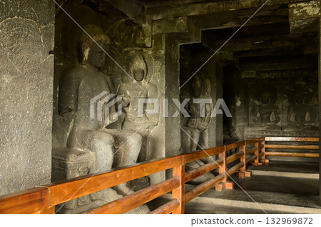 The religious sites and art at the Elora Caves,a UNESCO World Heritage Site,are one of the world's largest collections of rock-cut temples, dating back to 600-1000 AD. Located at Aurangabud in India. 132969872