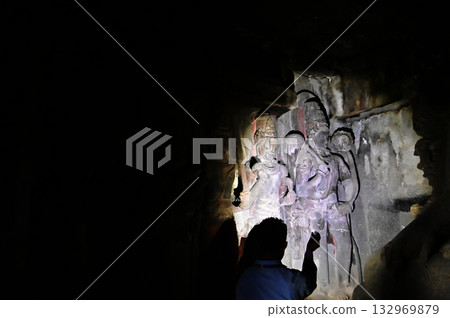 The religious sites and art at the Elora Caves,a UNESCO World Heritage Site,are one of the world's largest collections of rock-cut temples, dating back to 600-1000 AD. Located at Aurangabud in India. 132969879