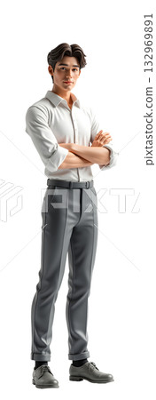 一位商人雙臂交叉站立的全身正面插圖，並採用透明材質。 132969891