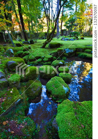 一棟古老的房子和花園,被秋葉環繞,一片靜謐。 一棟古老的房子和花園,被秋葉環繞,一片靜謐。 132970097