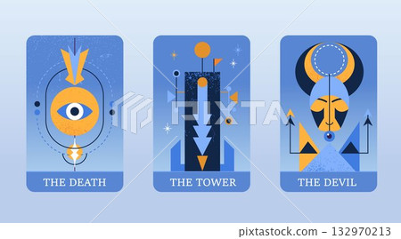 Tarot cards featuring Death, Tower, and Devil, illustrated in modern style with blue tones and geometric shapes, evoke mystery and intrigue Tarot cards featuring Death, Tower, and Devil, illustrated in modern style with blue tones and geometric shapes, evoke mystery and intrigue 132970213