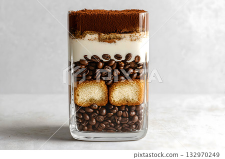 Delicious layers of coffee, ladyfingers, and mascarpone create delightful dessert experience. rich textures and flavors are truly irresistible 132970249