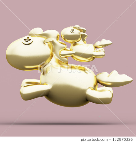 Golden Horse Cute and Funny Toy. 3D Illustration. File with Clipping Path. 132970326