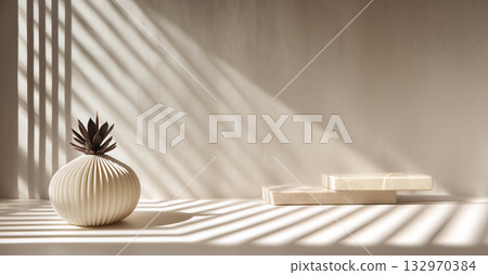 Elegant vase with geometric design casting shadows on minimalist surface, creating serene atmosphere Elegant vase with geometric design casting shadows on minimalist surface, creating serene atmosphere 132970384