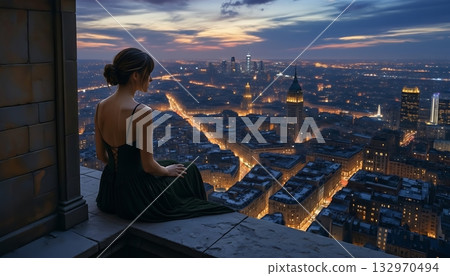 Woman sitting on rooftop overlooking illuminated city at night 132970494