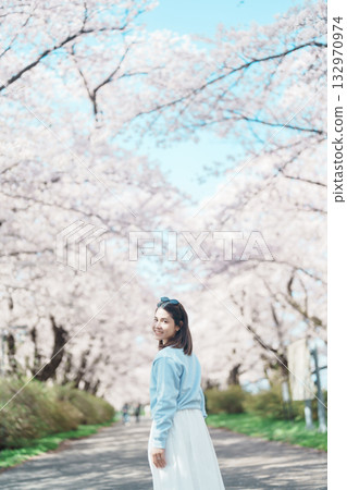 Woman tourist sightseeing Kitakami Tenshochi Park with Sakura Cherry Blossom in Spring, traveler travel in Kitakami festival, Iwate prefecture, Japan. Landmark for Travel and Vacation destination 132970974