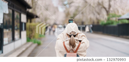 Woman tourist sightseeing and taking photo Sakura Cherry Blossom in Spring. traveler travel in Samurai village in Kakunodate town, Semboku District, Akita Prefecture, Japan. Landmark and vacation 132970993