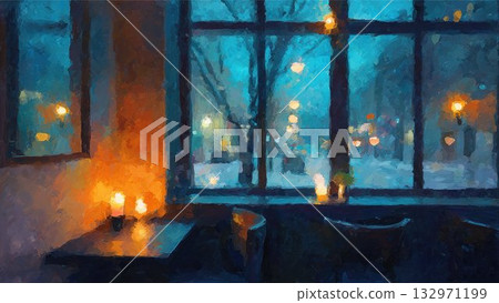 A warm illustration of a cafe window at night with snowy scenery and lights on 132971199