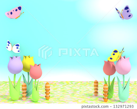 Papercraft-style 3DCG scenery of a flower field with butterflies flying Papercraft-style 3DCG scenery of a flower field with butterflies flying 132971293