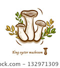 Illustration of king oyster mushrooms and forest leaves | Pop and cute mushroom vector material 132971309