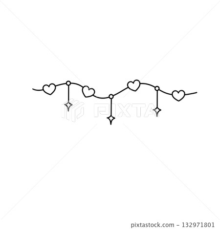 A black and white drawing of a string of hearts with stars hanging from it A black and white drawing of a string of hearts with stars hanging from it 132971801