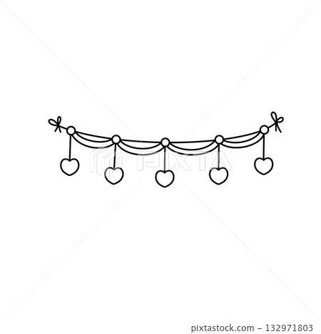 A white background with a black and white drawing of a string of hearts 132971803