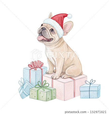 Cute Dog with Santa Hat Watercolor White Background 132971821