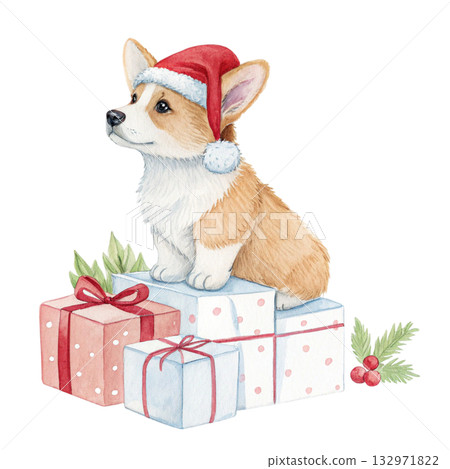 Cute Dog with Santa Hat Watercolor White Background 132971822