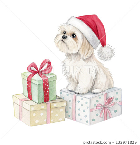 Cute Dog with Santa Hat Watercolor White Background Cute Dog with Santa Hat Watercolor White Background 132971829