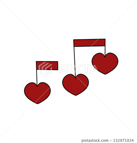 Three hearts are hanging from a piece of paper with a red note 132971834