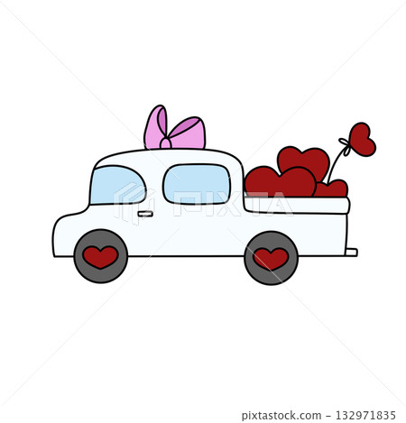 A white truck with a pink bow on it is filled with red hearts A white truck with a pink bow on it is filled with red hearts 132971835