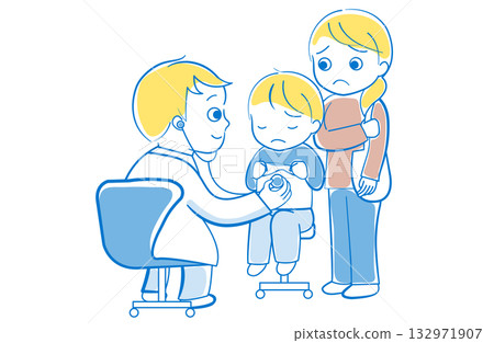 Illustration of a mother and her child being examined by a doctor Illustration of a mother and her child being examined by a doctor 132971907