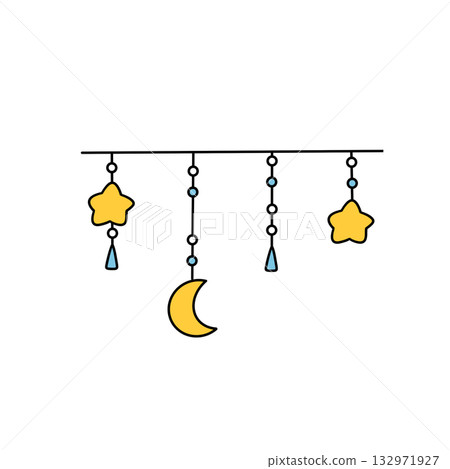 A star and a moon are hanging from a string 132971927