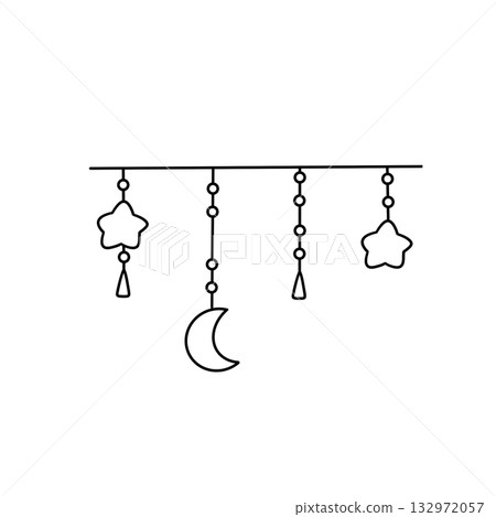 A black and white drawing of a moon and stars hanging from a string A black and white drawing of a moon and stars hanging from a string 132972057