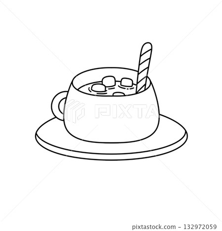 A cup of hot chocolate with marshmallows and a straw A cup of hot chocolate with marshmallows and a straw 132972059