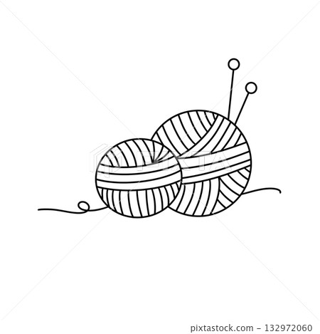 Two balls of yarn are shown in a black and white drawing Two balls of yarn are shown in a black and white drawing 132972060